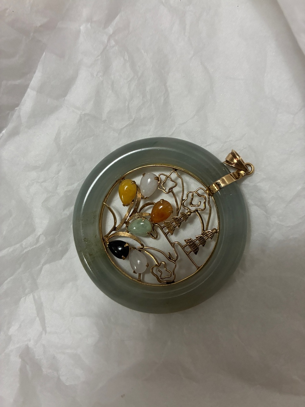 14 k gold Jade Circle Pendant with Multicolor Gem Accents - Picture 2 of 3